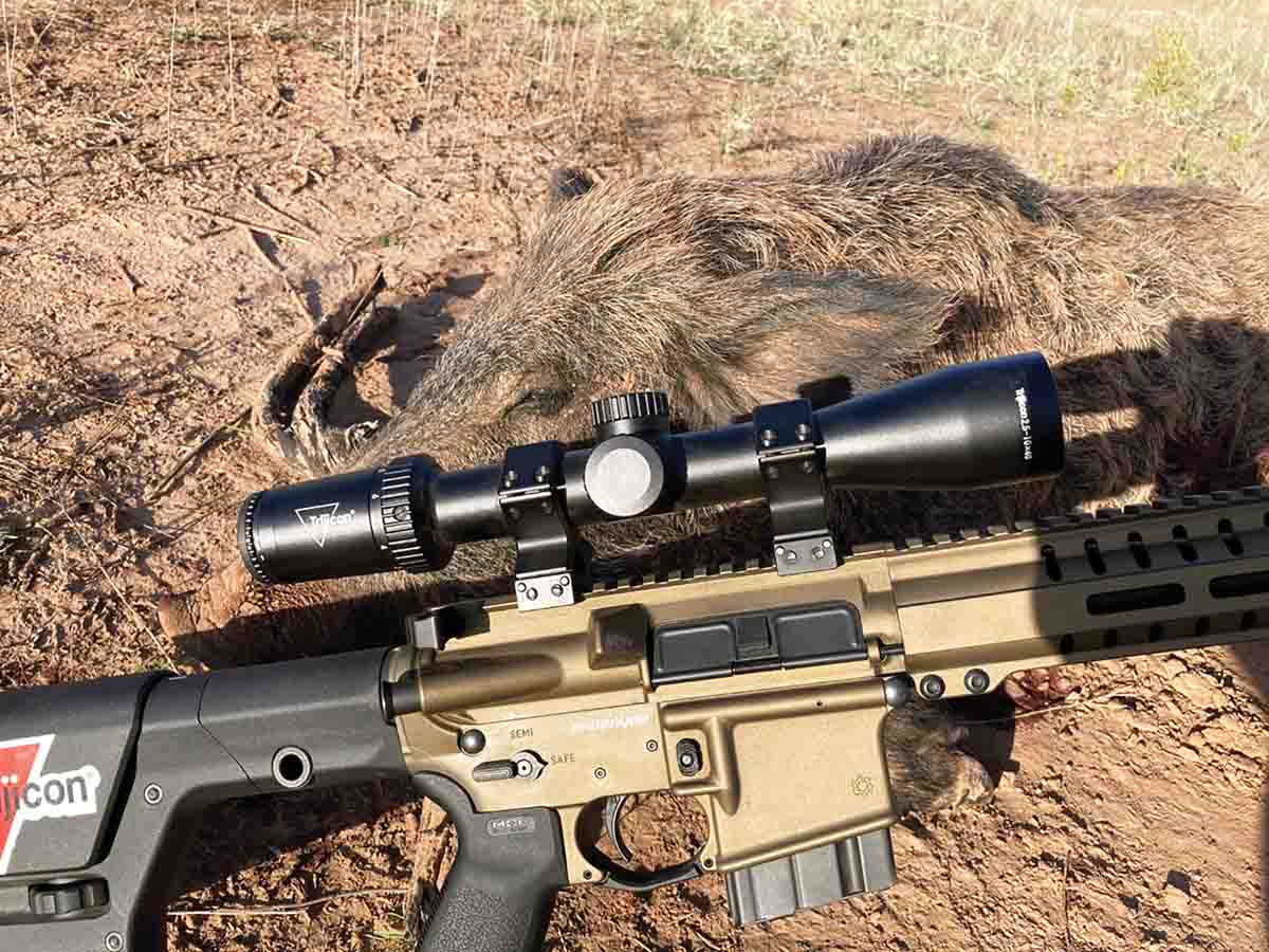 Trijicon’s new Huron scopes can be ordered with a BDC Hunter Drop reticle, which includes both holdover and windage correction hash marks.